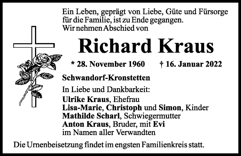  Traueranzeige für Richard Kraus vom 19.01.2022 aus Mittelbayerische Zeitung Schwandorf
