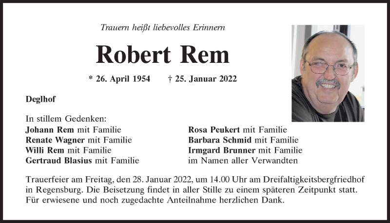  Traueranzeige für Robert Rem vom 27.01.2022 aus Mittelbayerische Zeitung Schwandorf