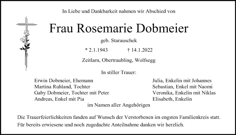  Traueranzeige für Rosemarie Dobmeier vom 22.01.2022 aus Mittelbayerische Zeitung Regensburg