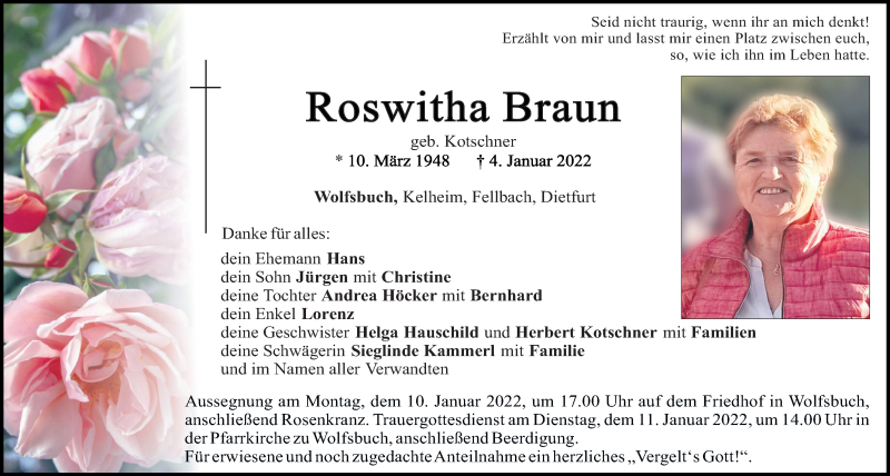  Traueranzeige für Roswitha Braun vom 08.01.2022 aus Mittelbayerische Zeitung Kelheim