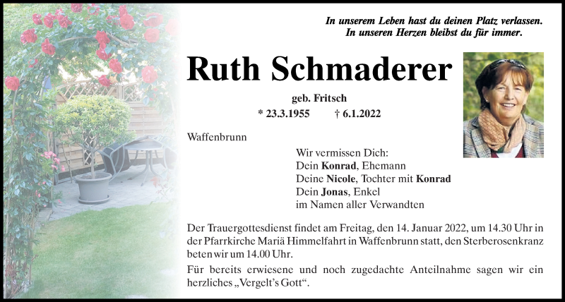  Traueranzeige für Ruth Schmaderer vom 13.01.2022 aus Bayerwald Echo