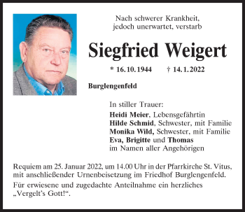 Traueranzeige von Siegfried Weigert von Mittelbayerische Zeitung Schwandorf
