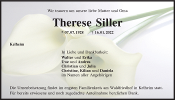 Traueranzeige von Therese Siller von Mittelbayerische Zeitung Kelheim