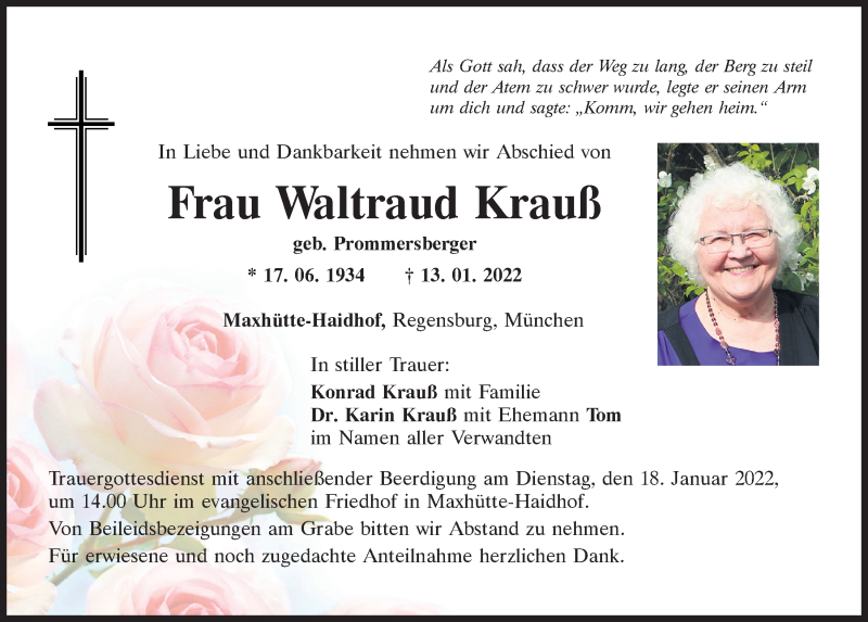  Traueranzeige für Waltraud Krauß vom 15.01.2022 aus Mittelbayerische Zeitung Schwandorf
