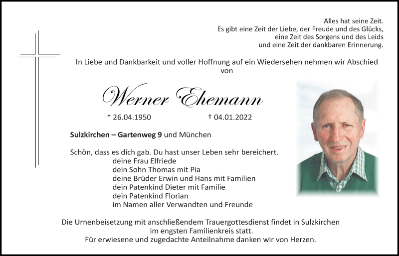  Traueranzeige für Werner Ehemann vom 08.01.2022 aus Neumarkter Tagblatt