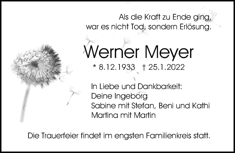  Traueranzeige für Werner Meyer vom 29.01.2022 aus Mittelbayerische Zeitung Regensburg