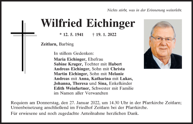 Traueranzeige für Wilfried Eichinger vom 22.01.2022 aus Mittelbayerische Zeitung Regensburg