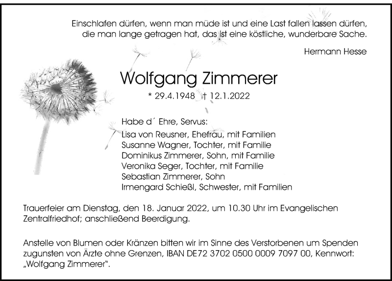  Traueranzeige für Wolfgang Zimmerer vom 15.01.2022 aus Mittelbayerische Zeitung Regensburg