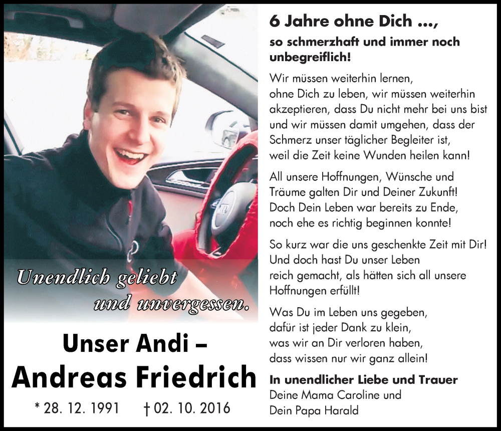  Traueranzeige für Andreas Friedrich vom 01.10.2022 aus Mittelbayerische Zeitung Regensburg