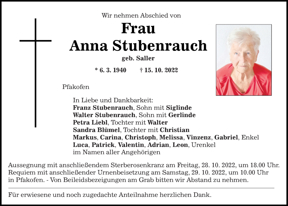  Traueranzeige für Anna Stubenrauch vom 27.10.2022 aus Mittelbayerische Zeitung Regensburg