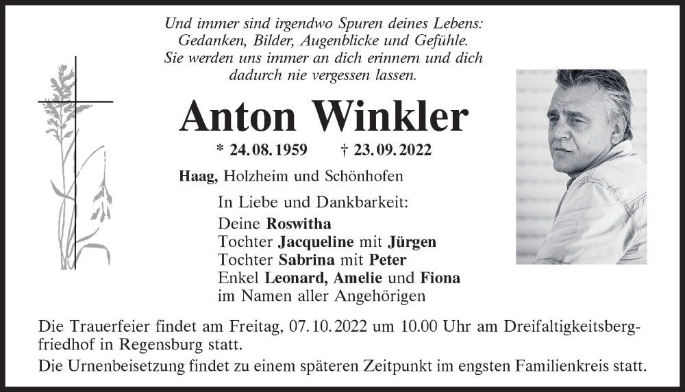  Traueranzeige für Anton Winkler vom 01.10.2022 aus Mittelbayerische Zeitung Regensburg