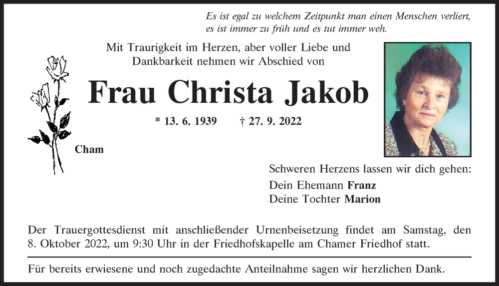  Traueranzeige für Christa Jakob vom 06.10.2022 aus Bayerwald Echo