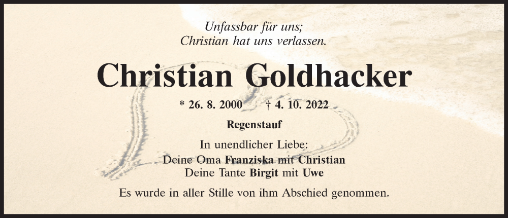  Traueranzeige für Christian Goldhacker vom 15.10.2022 aus Mittelbayerische Zeitung Regensburg