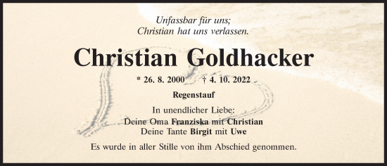 Traueranzeige von Christian Goldhacker von Mittelbayerische Zeitung Regensburg