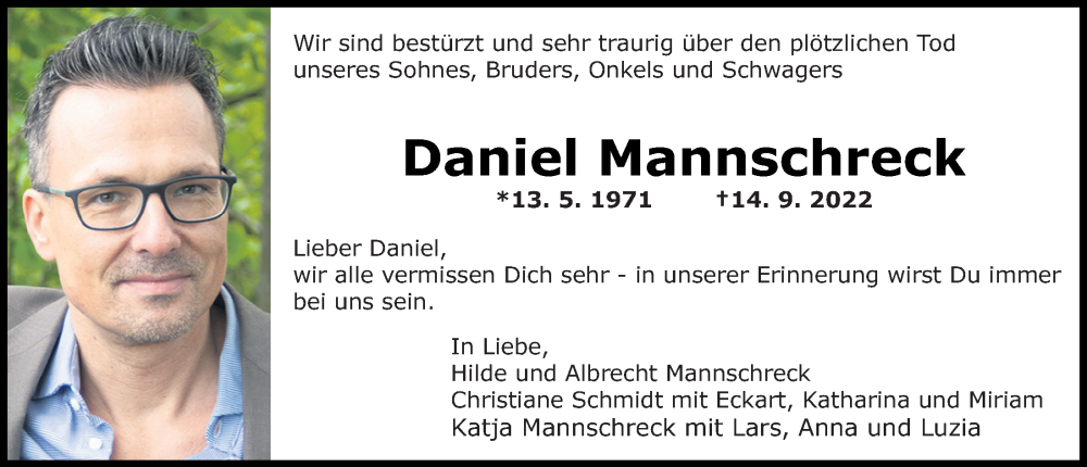  Traueranzeige für Daniel Mannschreck vom 01.10.2022 aus Mittelbayerische Zeitung Regensburg