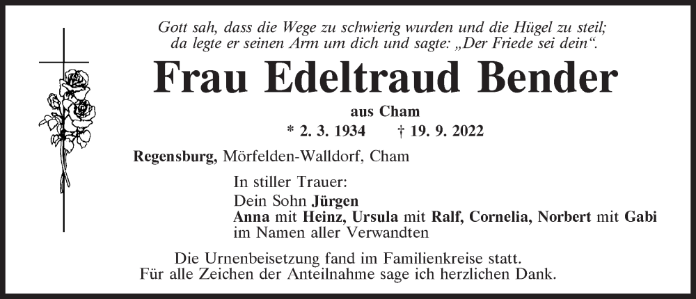  Traueranzeige für Edeltraud Bender vom 08.10.2022 aus Bayerwald Echo