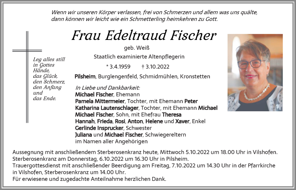  Traueranzeige für Edeltraud Fischer vom 05.10.2022 aus Mittelbayerische Zeitung Schwandorf