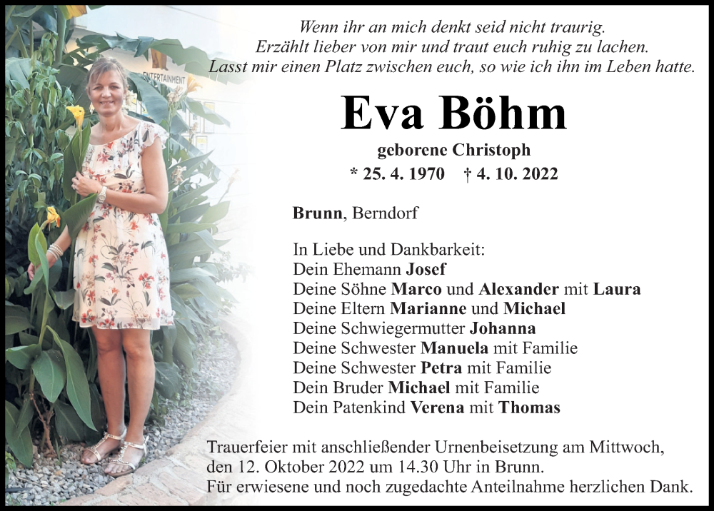  Traueranzeige für Eva Böhm vom 08.10.2022 aus Bayerwald Echo