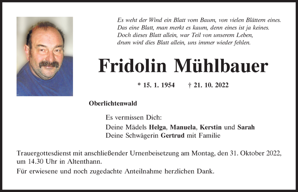  Traueranzeige für Fridolin Mühlbauer vom 29.10.2022 aus Mittelbayerische Zeitung Regensburg
