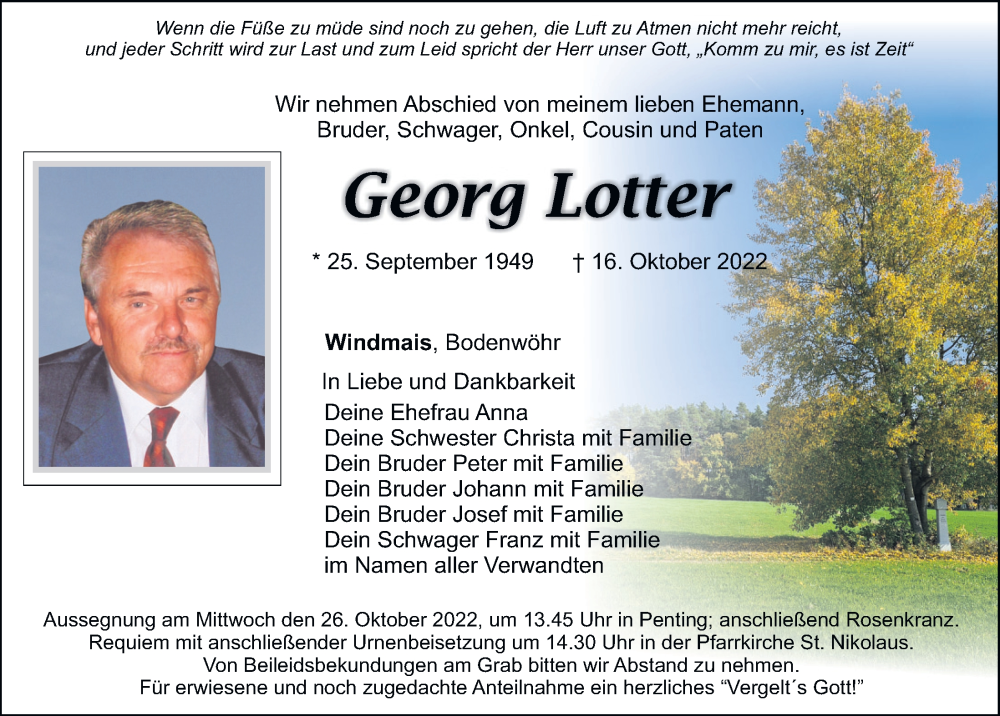  Traueranzeige für Georg Lotter vom 22.10.2022 aus Mittelbayerische Zeitung Schwandorf