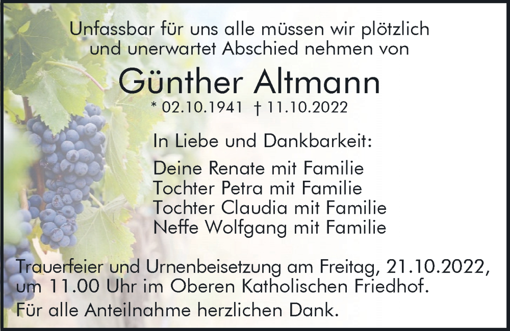  Traueranzeige für Günther Altmann vom 15.10.2022 aus Mittelbayerische Zeitung Regensburg