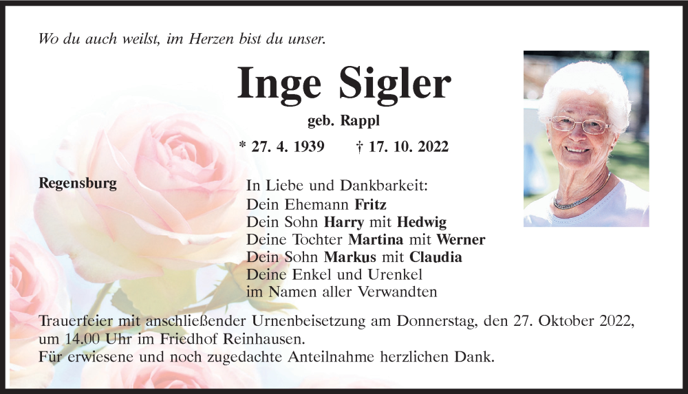  Traueranzeige für Inge Sigler vom 22.10.2022 aus Mittelbayerische Zeitung Regensburg