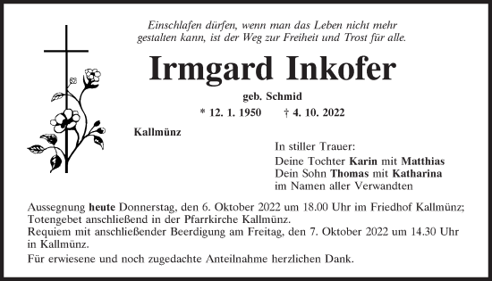 Traueranzeige von Irmgard Inkofer von Mittelbayerische Zeitung Regensburg