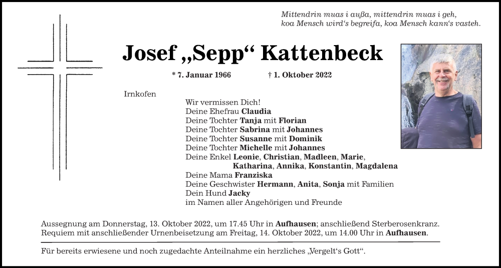  Traueranzeige für Josef Kattenbeck vom 12.10.2022 aus Mittelbayerische Zeitung Regensburg