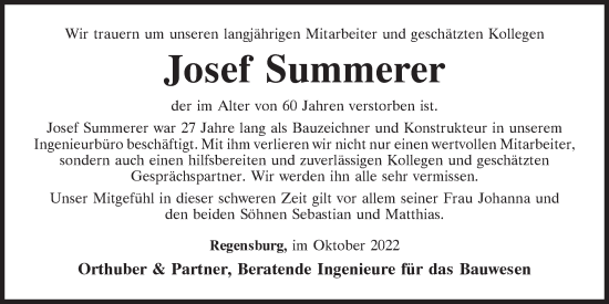 Traueranzeige von Josef Summerer von Mittelbayerische Zeitung Regensburg