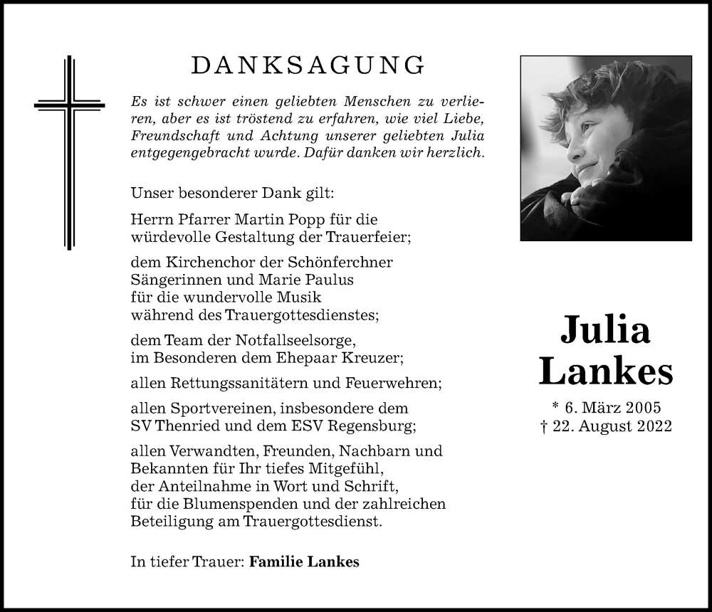  Traueranzeige für Julia Lankes vom 01.10.2022 aus Bayerwald Echo