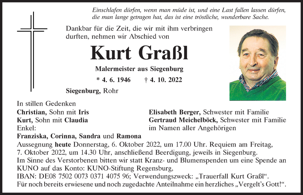  Traueranzeige für Kurt Graßl vom 06.10.2022 aus Mittelbayerische Zeitung Kelheim