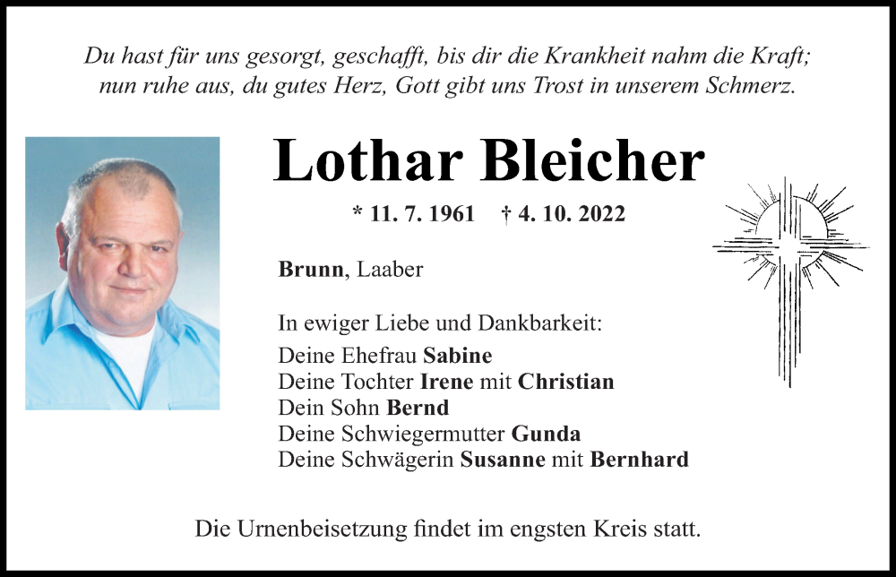  Traueranzeige für Lothar Bleicher vom 07.10.2022 aus Mittelbayerische Zeitung Regensburg