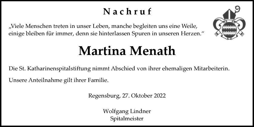  Traueranzeige für Martina Menath vom 27.10.2022 aus Mittelbayerische Zeitung Regensburg