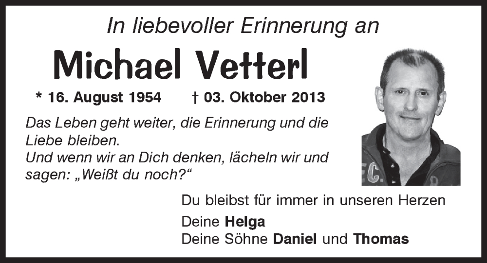  Traueranzeige für Michael Vetterl vom 01.10.2022 aus Mittelbayerische Zeitung Schwandorf