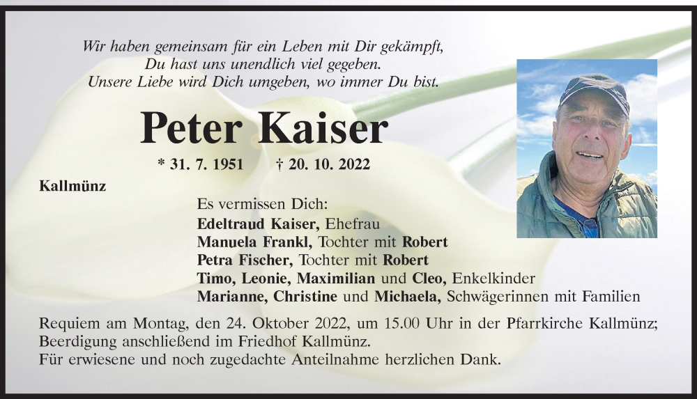  Traueranzeige für Peter Kaiser vom 22.10.2022 aus Mittelbayerische Zeitung Schwandorf