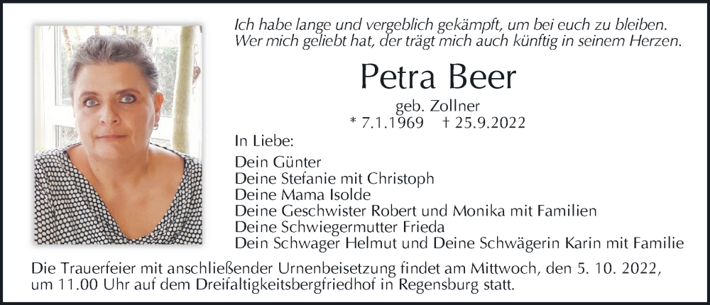  Traueranzeige für Petra Beer vom 01.10.2022 aus Mittelbayerische Zeitung Regensburg