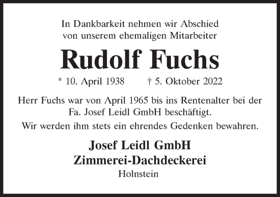 Traueranzeige von Rudolf Fuchs von Neumarkter Tagblatt