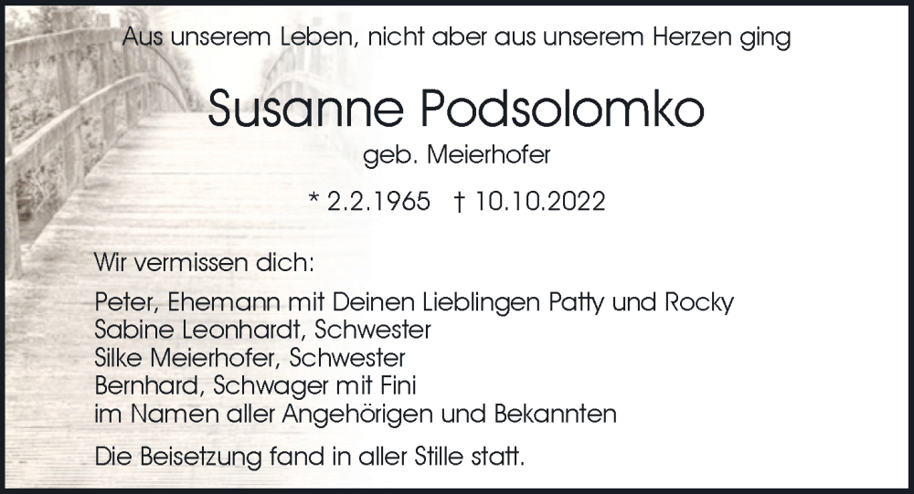  Traueranzeige für Susanne Podsolomko vom 22.10.2022 aus Mittelbayerische Zeitung Regensburg