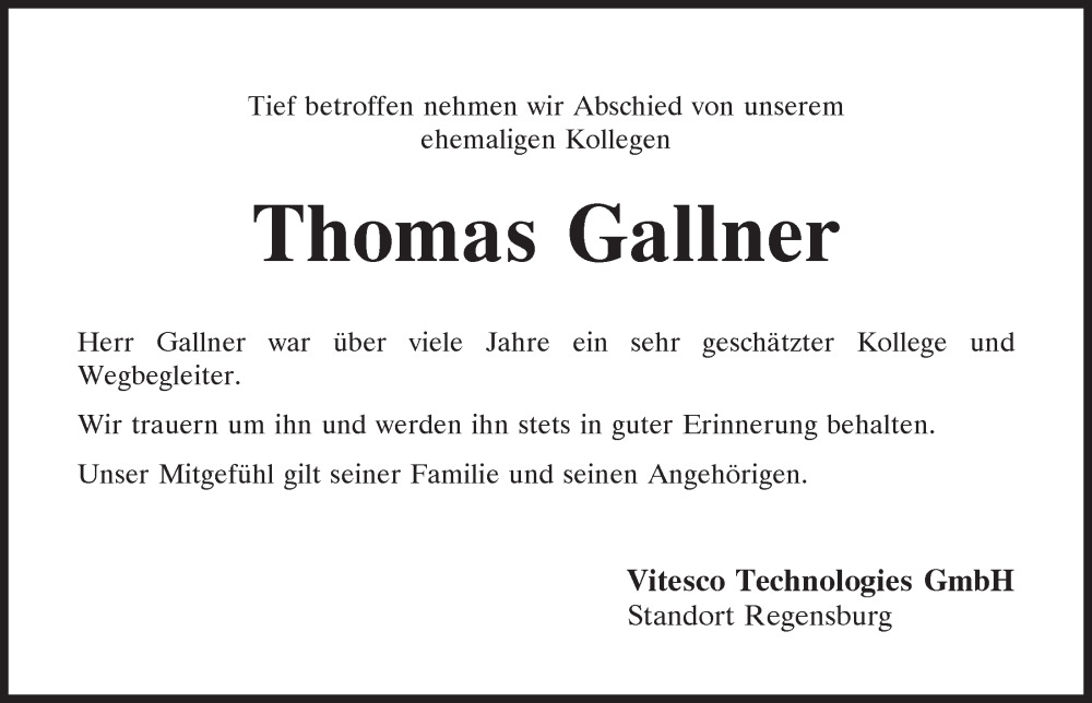  Traueranzeige für Thomas Gallner vom 22.10.2022 aus Mittelbayerische Zeitung Regensburg