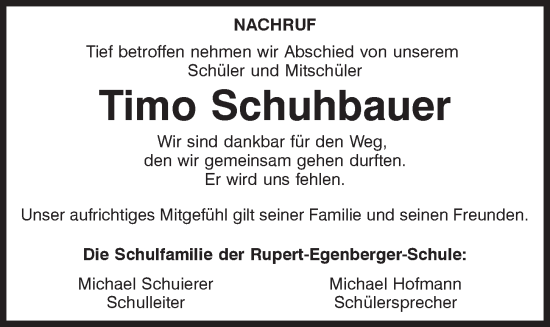 Traueranzeige von Timo Schuhbauer von Mittelbayerische Zeitung Schwandorf