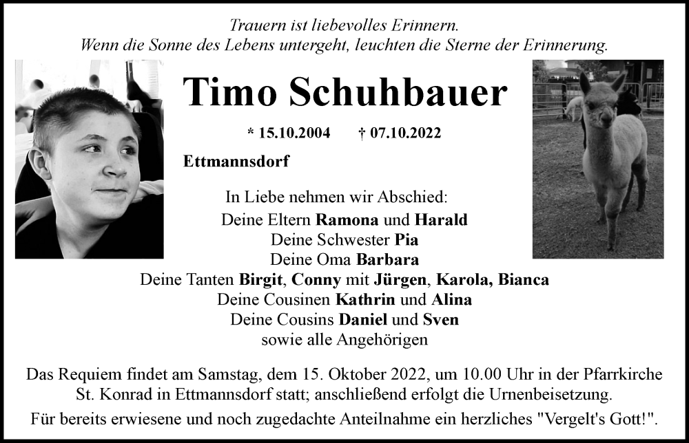  Traueranzeige für Timo Schuhbauer vom 11.10.2022 aus Mittelbayerische Zeitung Schwandorf