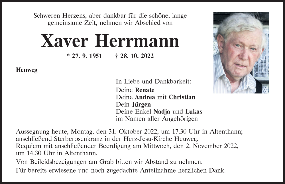  Traueranzeige für Xaver Herrmann vom 31.10.2022 aus Mittelbayerische Zeitung Regensburg