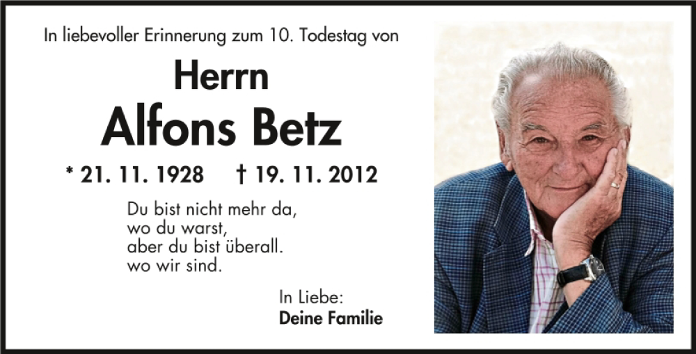  Traueranzeige für Alfons Betz vom 19.11.2022 aus Mittelbayerische Zeitung Regensburg