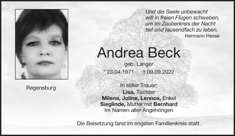  Traueranzeige für Andrea Beck vom 05.11.2022 aus Mittelbayerische Zeitung Regensburg
