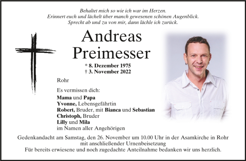  Traueranzeige für Andreas Preimesser vom 23.11.2022 aus Mittelbayerische Zeitung Kelheim