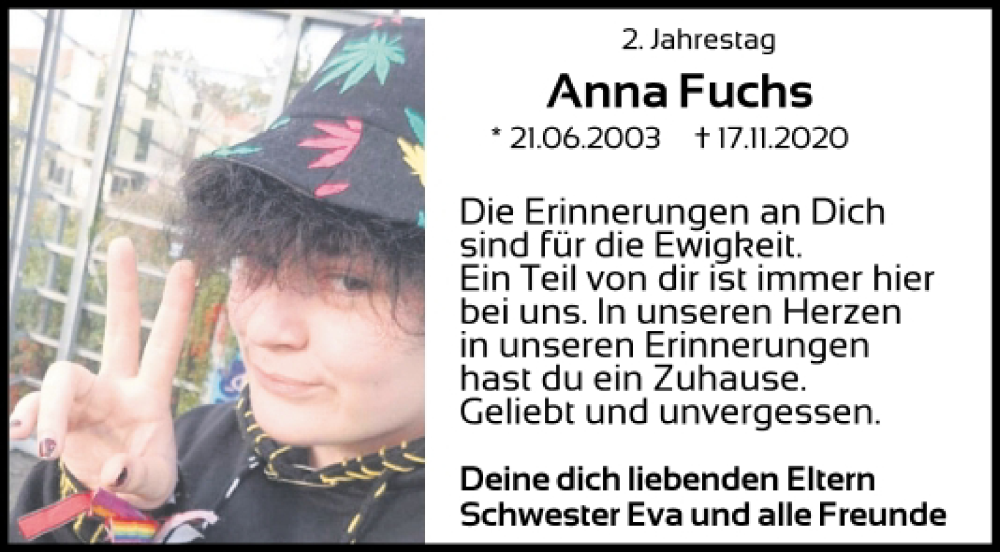  Traueranzeige für Anna Fuchs vom 17.11.2022 aus Mittelbayerische Zeitung Gesamtausgabe