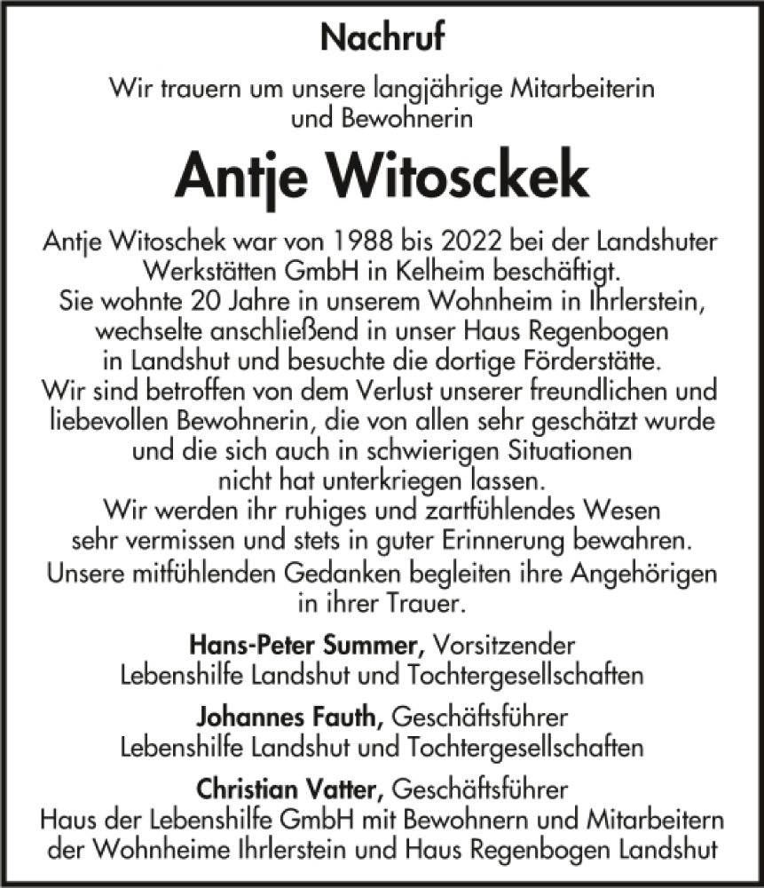  Traueranzeige für Antje Witoschek vom 01.12.2022 aus Mittelbayerische Zeitung Kelheim