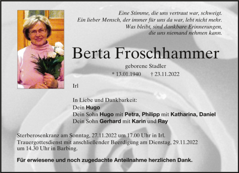  Traueranzeige für Berta Froschhammer vom 26.11.2022 aus Mittelbayerische Zeitung Regensburg