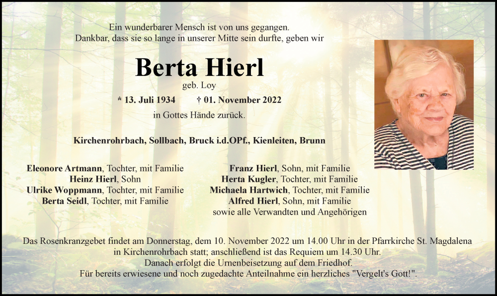  Traueranzeige für Berta Hierl vom 05.11.2022 aus Bayerwald Echo