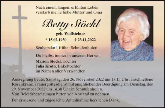 Traueranzeige von Betty Stöckl von Neumarkter Tagblatt